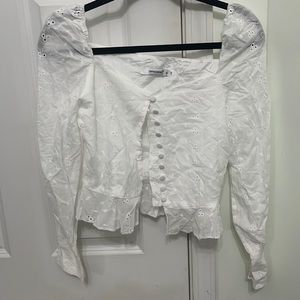 White Longsleeve Embroidered Delicate Blouse Square Neck with Buttons Size M